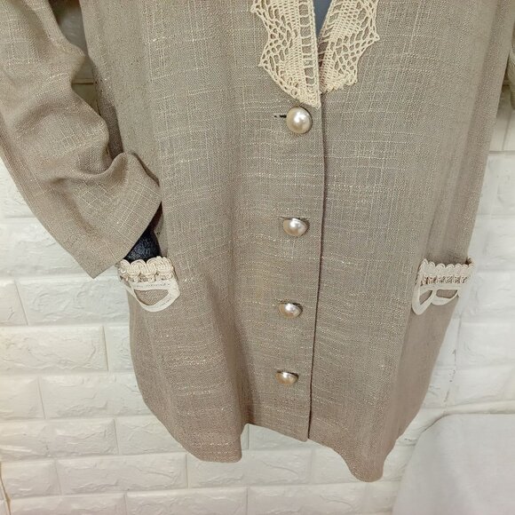 Vintage '80s Domestic USA Rayon/Flax Blazer Jacket Shoulderpads Lace Brooch (10) - Picture 5 of 13